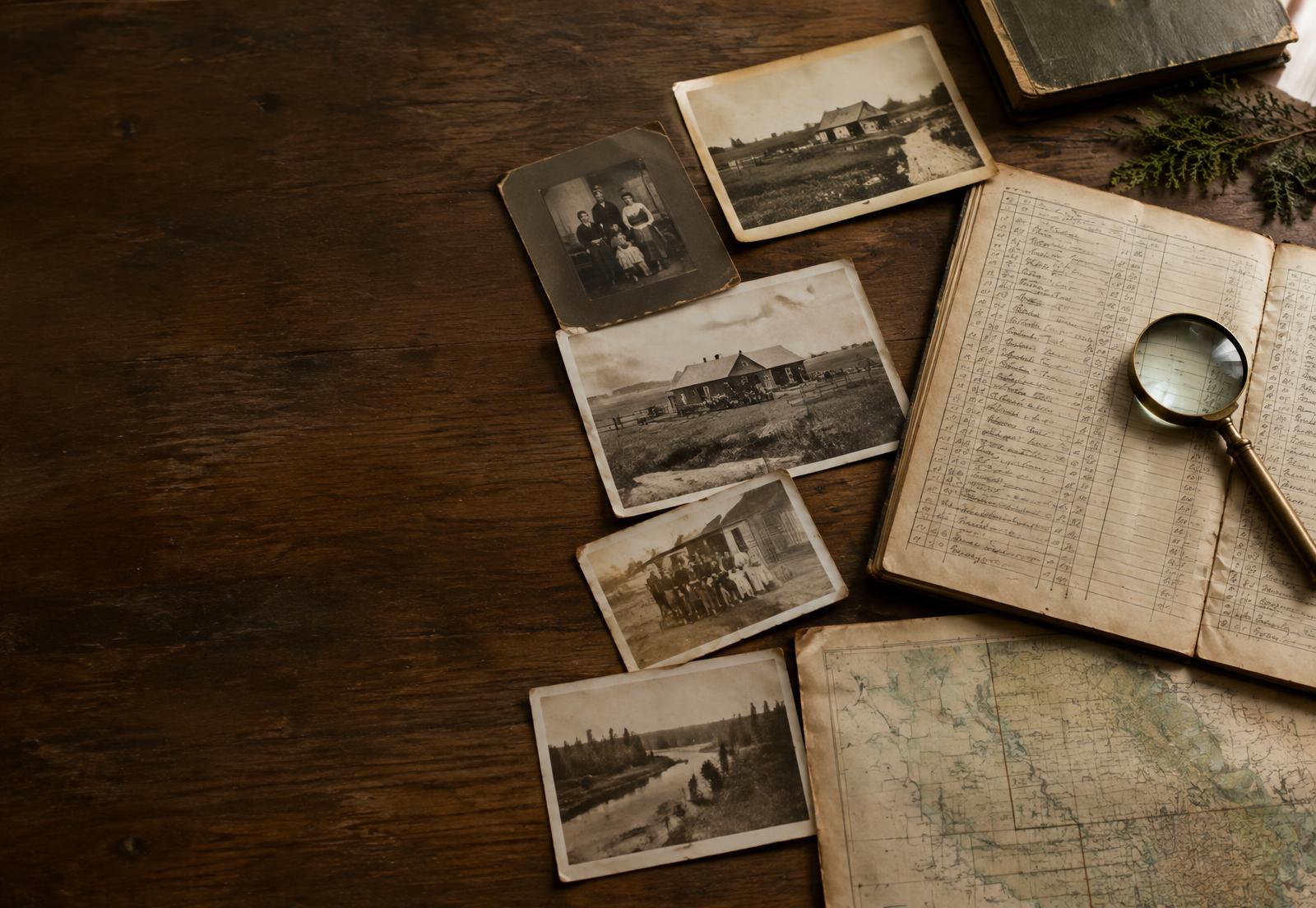 Historic family photographs, a Manitoba map and archival records